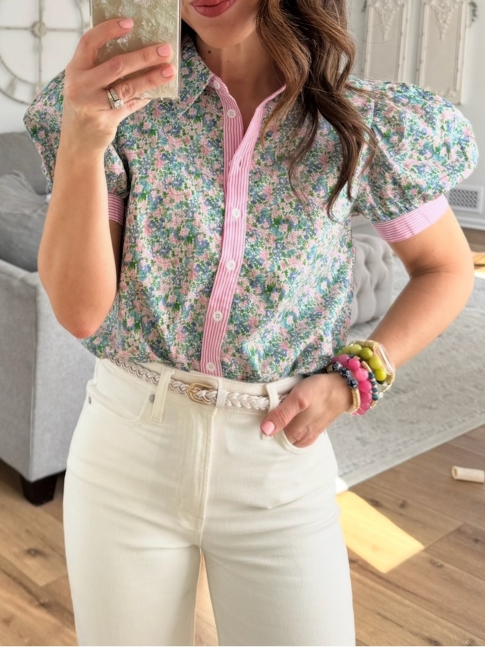 Floral Puff-Sleeve Button-Up Top in Pink -Fully lined